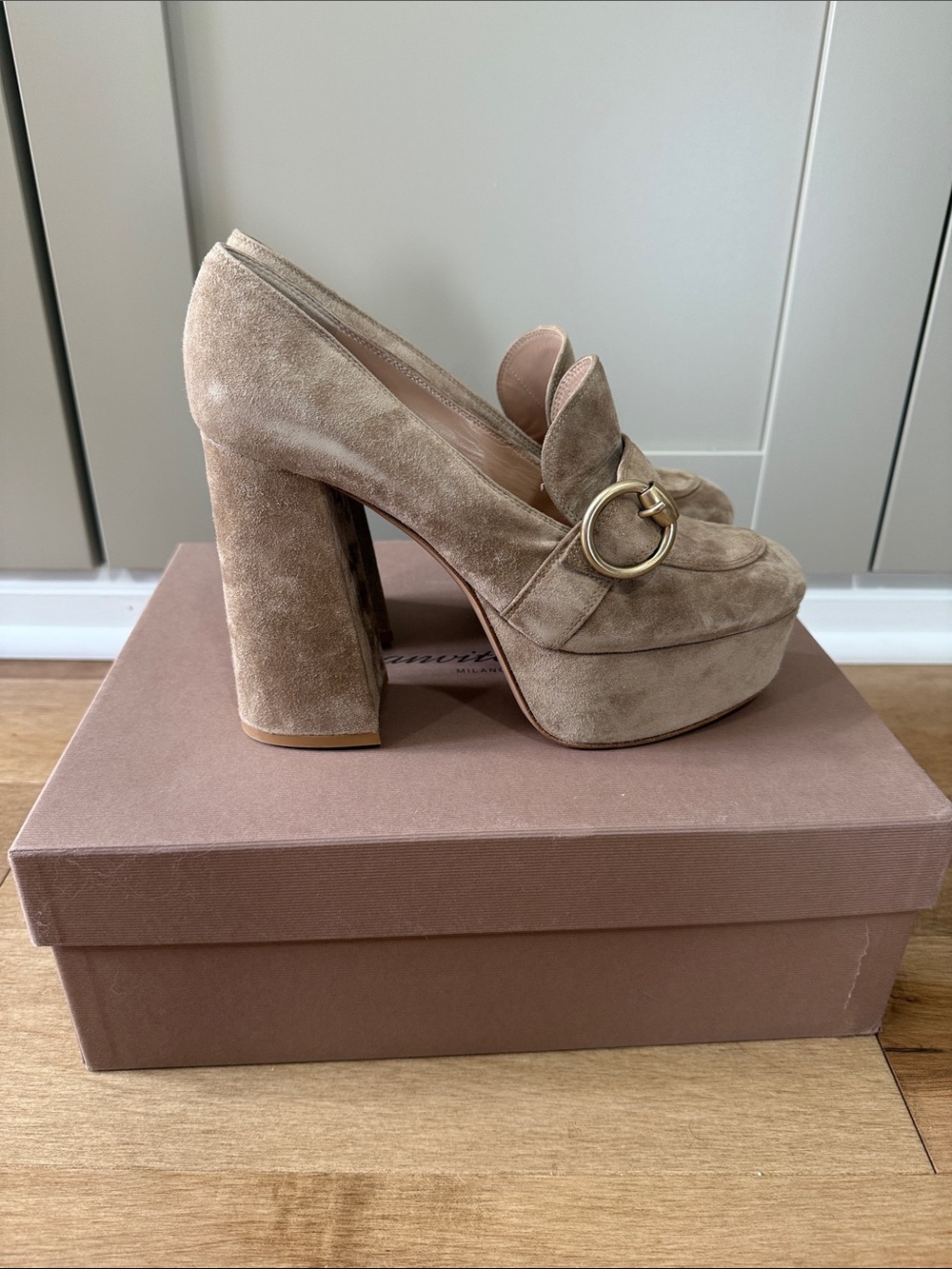Gianvito Rossi Tan Suede Loafers with Gold Buckles Size 38